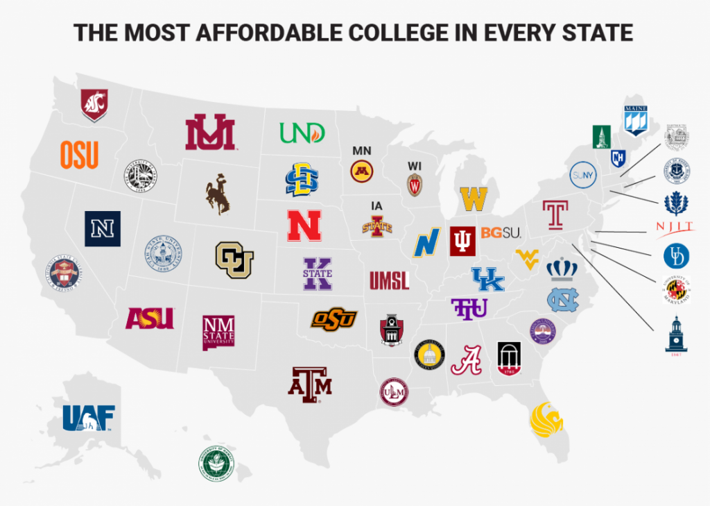 Map Showing The Most Affordable College In Every State Of The United States 1024x729 