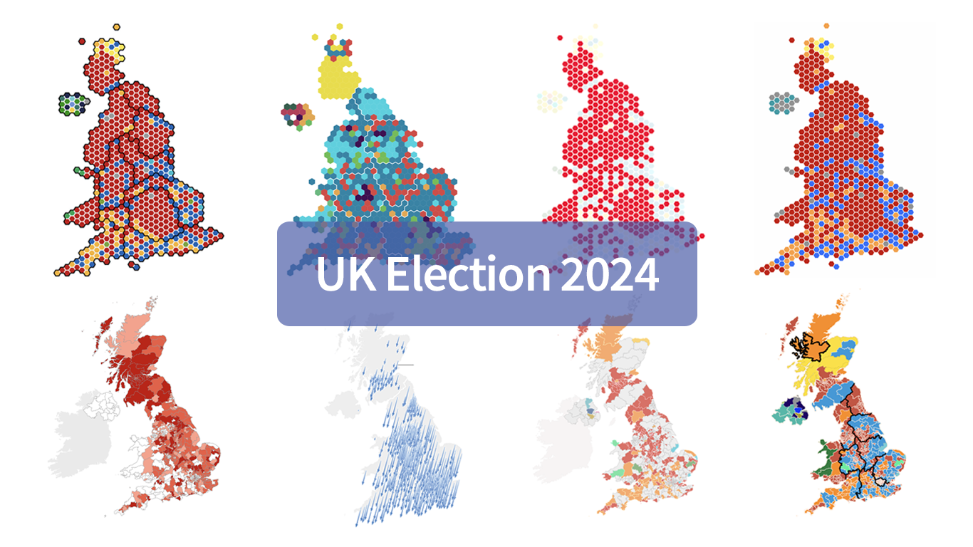 8 UK election maps visualizing the 2024 general election results, featured on DataViz Weekly