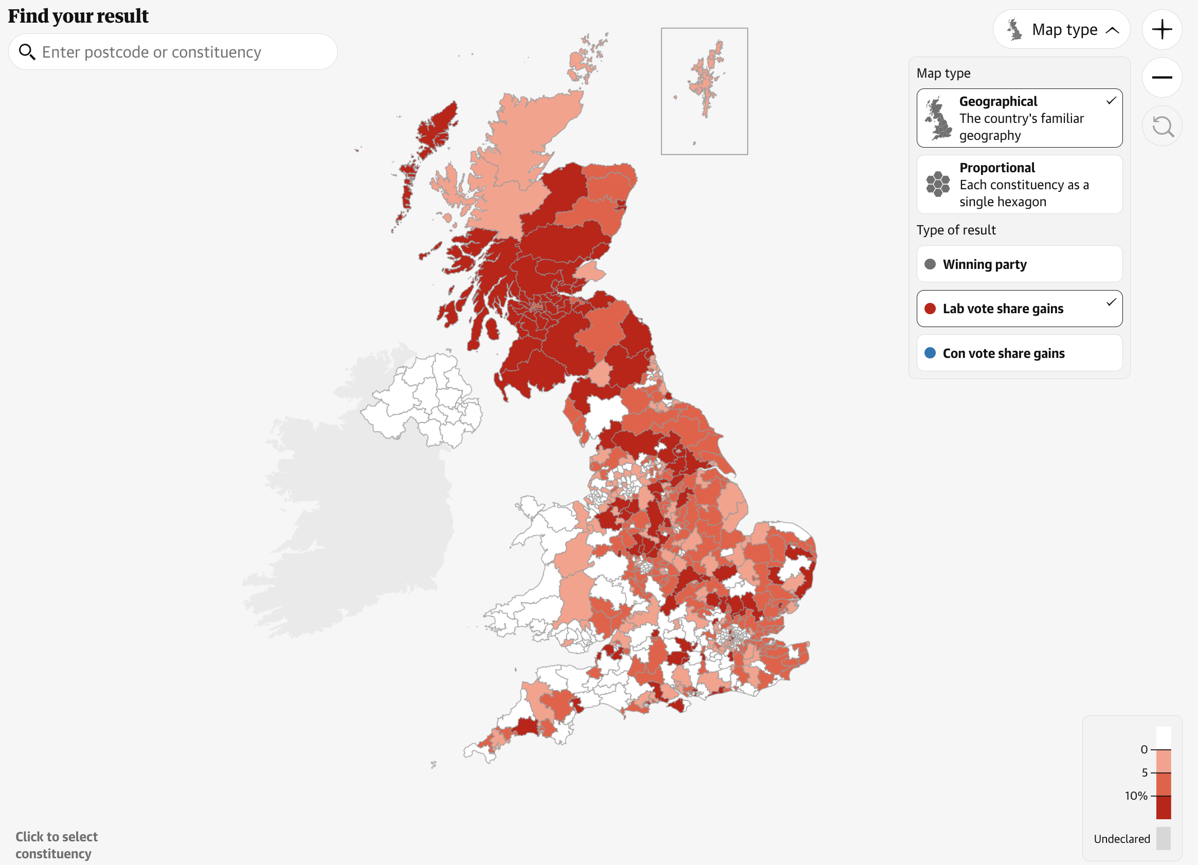 A UK election map visual by The Guardian