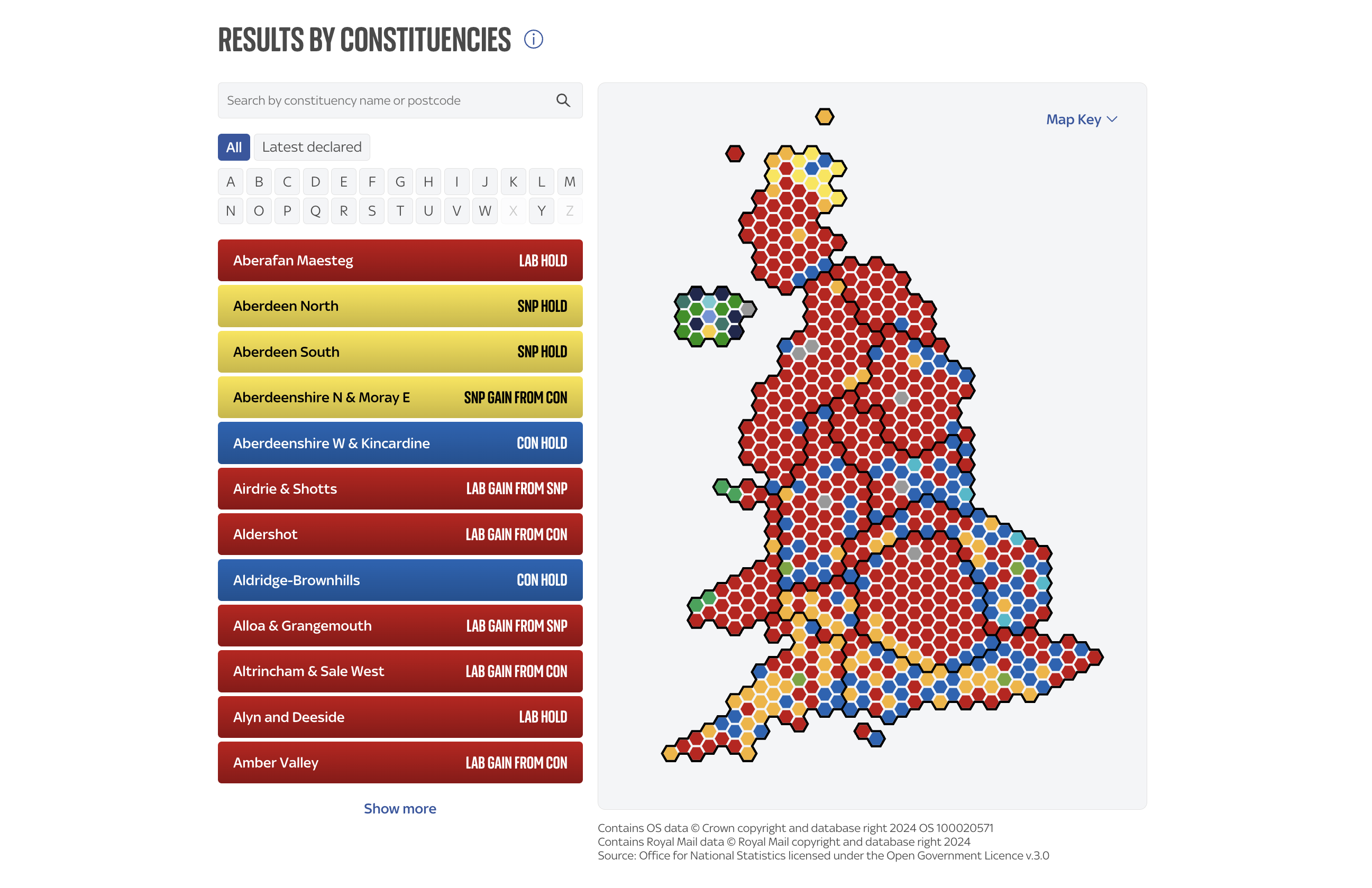 A UK election map visual by Sky News