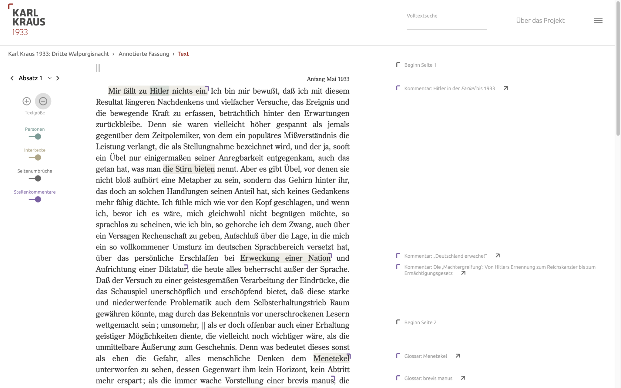 A digital scholarly edition of Third Walpurgis Night by Karl Kraus (1933) with comments, glossary, and more, created by researchers from the Austrian Academy of Sciences