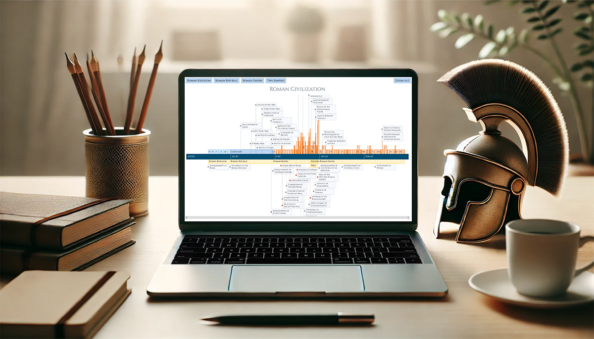 A laptop with an interactive timeline chart of Roman history, from the Roman Empire to the Byzantine Empire, created using JavaScript in this tutorial