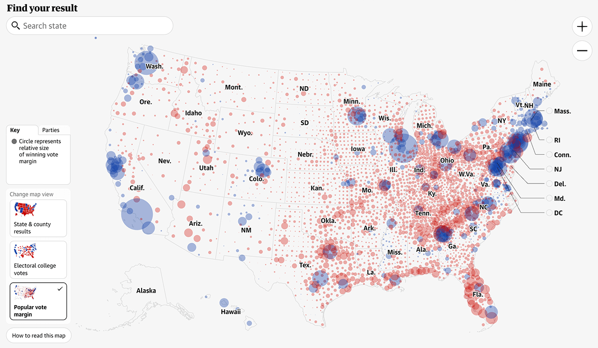 Election Bubble Maps with Cartogram and Choropleth Maps by The Guardian