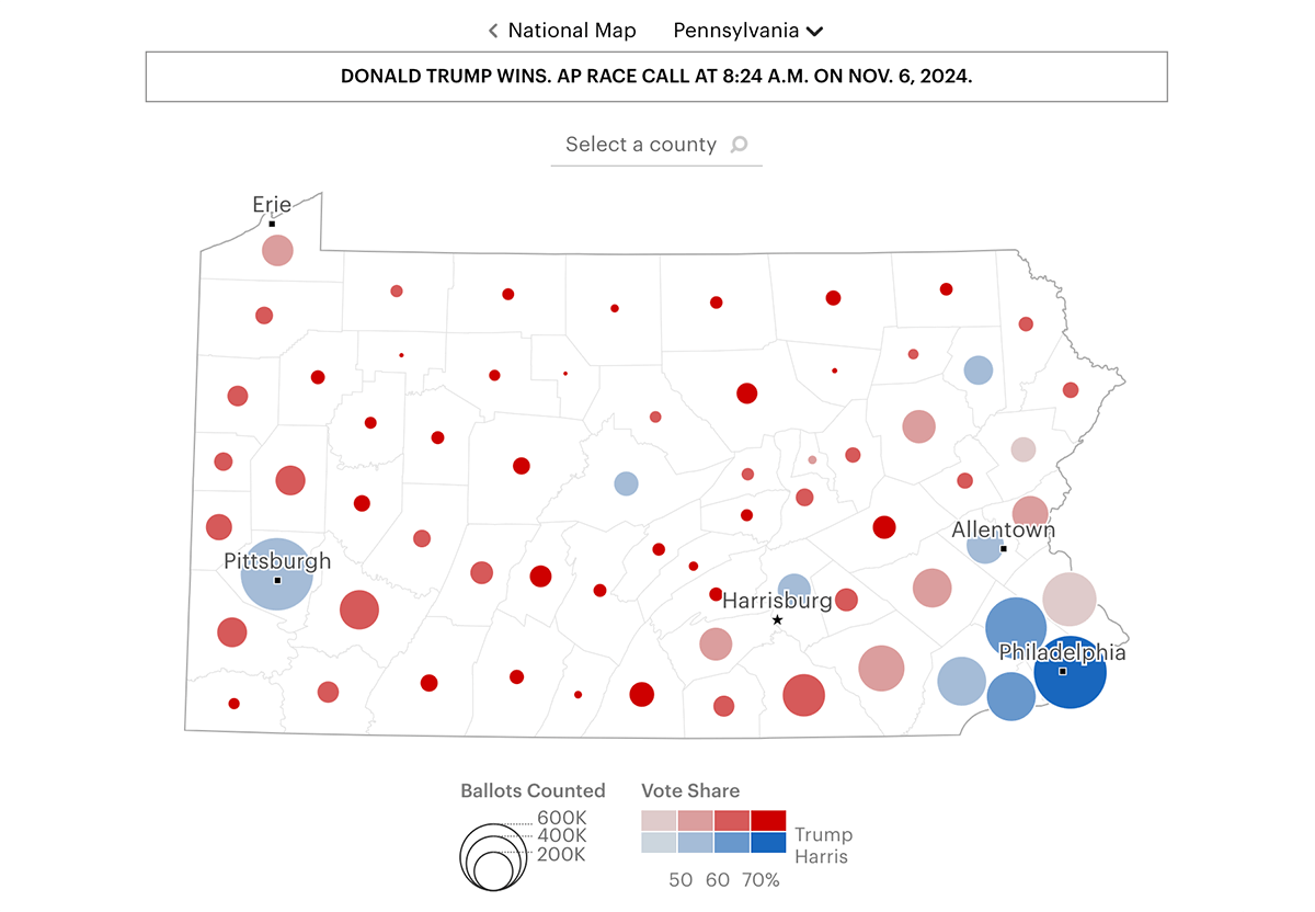 Election Cartogram and Choropleth Maps with Bubble Maps for Drill-Down by The New Yorker