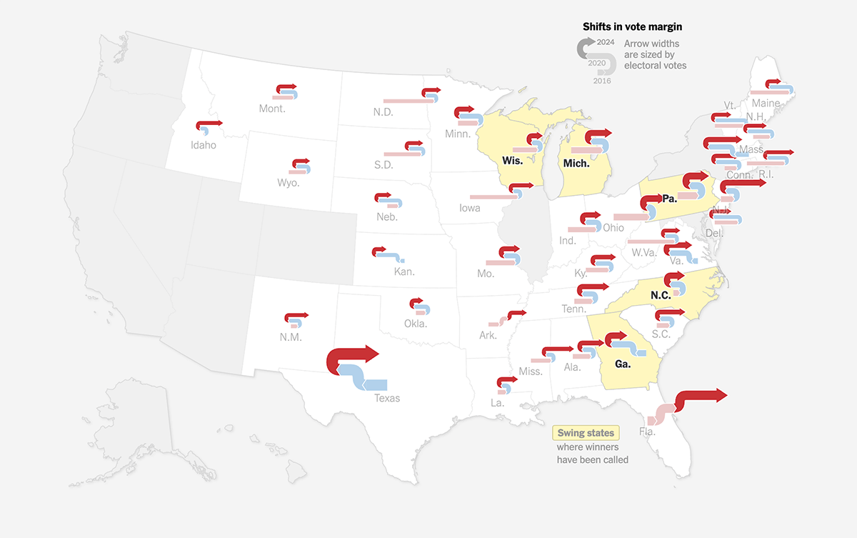 A map of vote swings by The New York Times