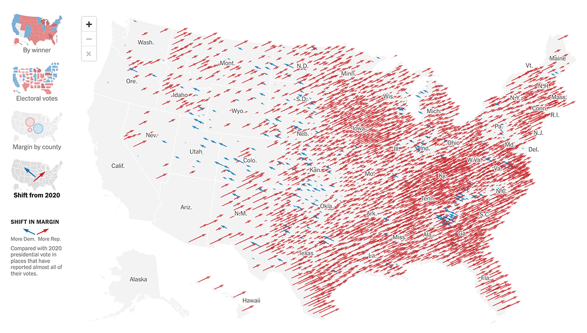 Election Arrow Maps with Cartogram, Choropleth, and Bubble Maps by The New York Times