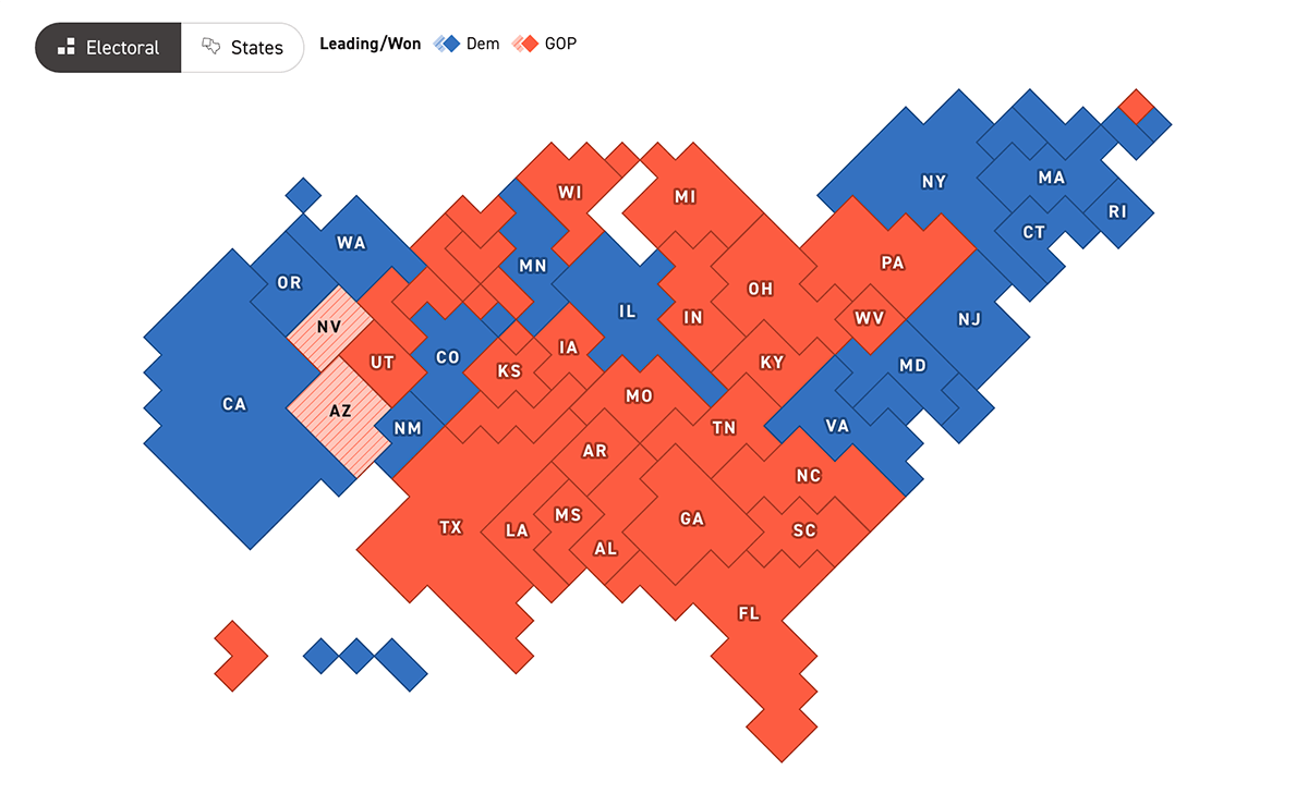 Basic Electoral Cartogram and Choropleth Map by Politico