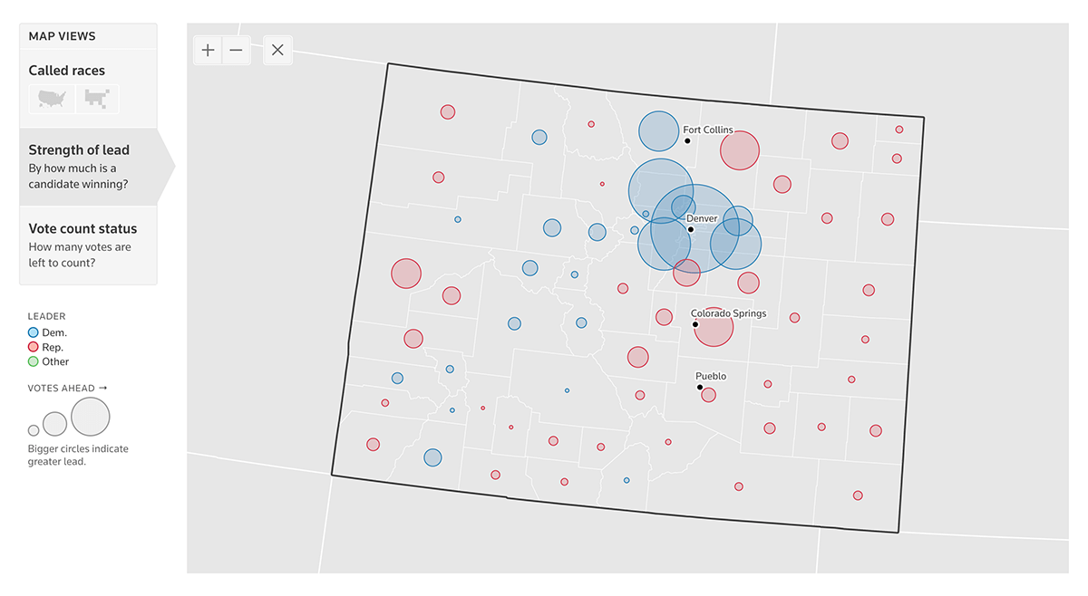 Election Bubble Maps with Cartogram and Choropleth Maps by Reuters