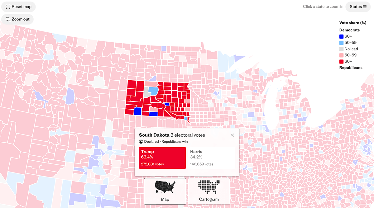 Drill-Down Election Choropleth Map with Basic Cartogram by The Telegraph