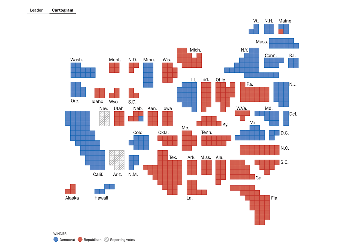 Basic Election Cartogram and Choropleth Map by The Washington Post