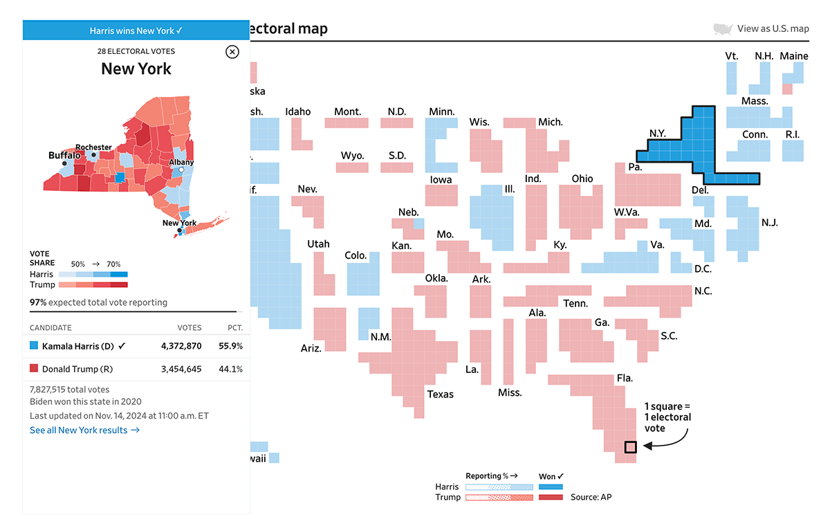 Drill-Down Election Cartogram and Drill-Down Choropleth Map by The Wall Street Journal